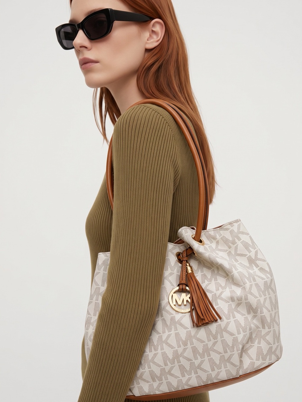 Michael Kors White MK Monogram Drawstring Shoulder Bag with Brown Handles